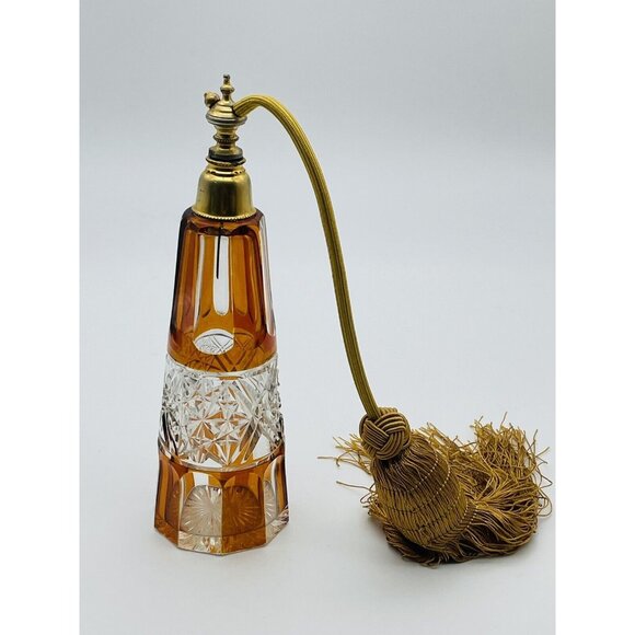 Vtg Cut To Clear Amber Crystal Glass Perfume Bottle Atomizer - Picture 3 of 9
